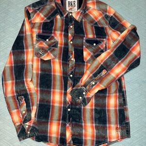 BKE Men's Casual Plaid Shirt - Orange and Dark Blue
